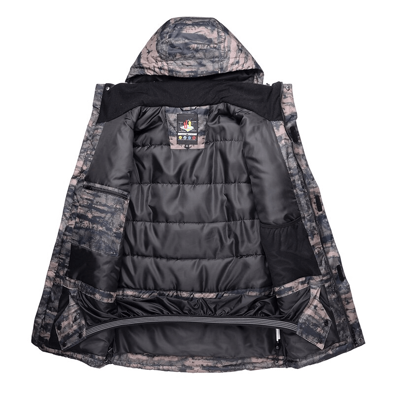 Open view of camouflage waterproof men's snowboard jacket with hood, showcasing inner lining and high-tech features for warmth.